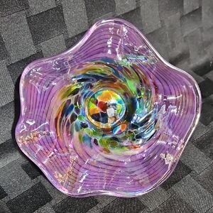 Beautiful Signed 2015 Irridescant Glass Art Confetti and Stripe Wave Bowl
